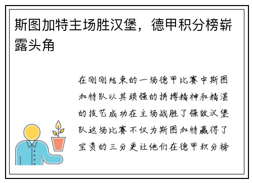 斯图加特主场胜汉堡，德甲积分榜崭露头角