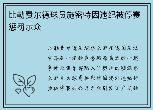比勒费尔德球员施密特因违纪被停赛惩罚示众